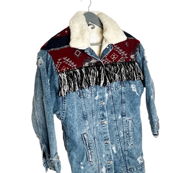 Zara Blue Aztec Fringe Faux Shearling Collar Jacket Size Small - Picture 5 of 8
